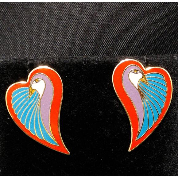 Laurel Burch "Dove Heart" Post Earrings, Gold Plated, 1980s Vintage Jewelry - Picture 3 of 10